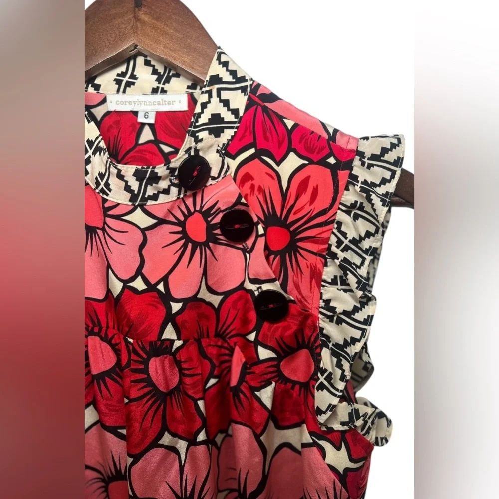 coreylynncalter Red Pink Floral Print Mini SILK Dress Ruffle Cap Sleeves Size 6 - Picture 6 of 9
